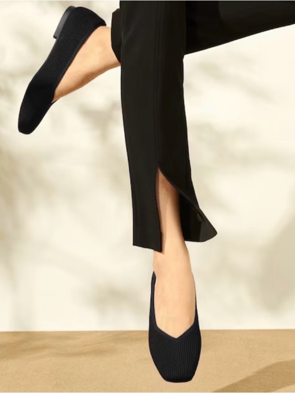 Vivaia Black Ribbed Knit Ballet Flats - Women's Slip-On Skirt Shoe